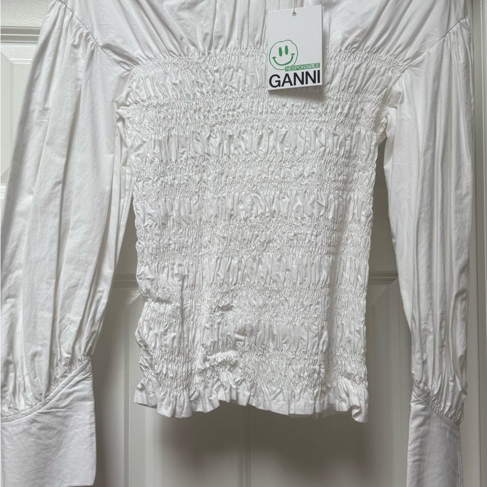 Ganni Off-Shoulder White Smocked Blouse